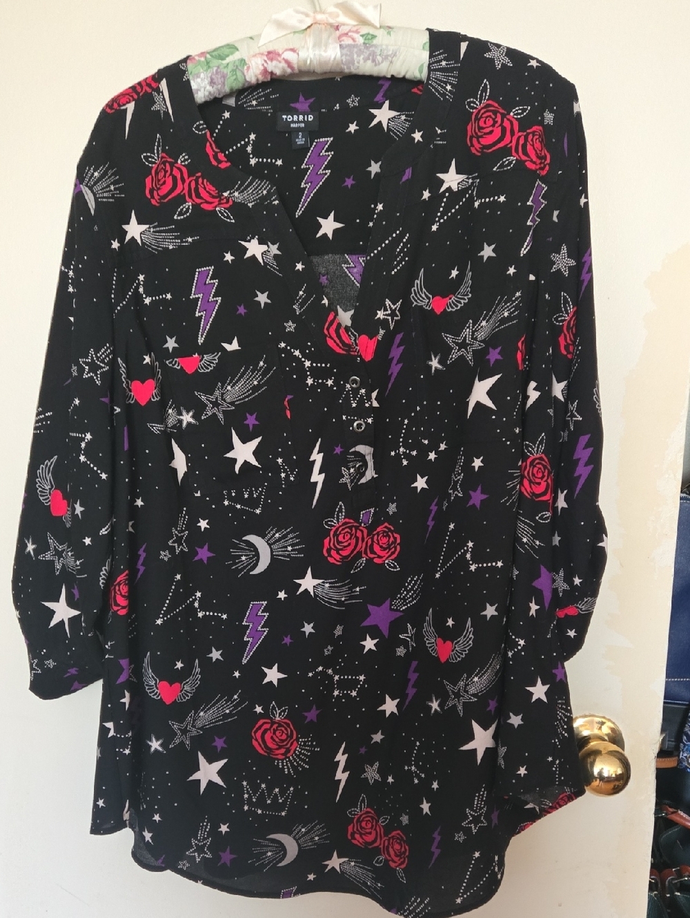 torrid Black Button-Up Blouse with Red Roses & Purple Lightning